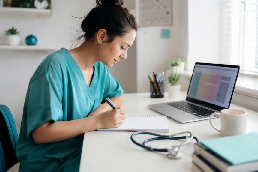 Custom Nursing Assignments 3 Nursing student writing a care plan as part of custom nursing essays help